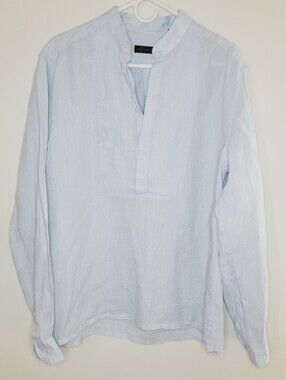 Corneliani ID Men's Linen Long Sleeve Blue Collar Shirt  V-Neck Size 16.5/ 42